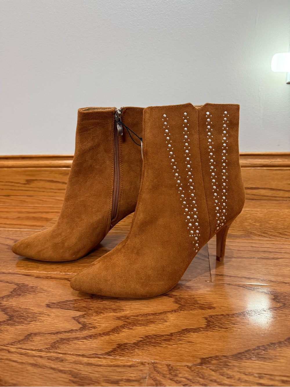New York & Company Cognac Suede Studded Pointed-Toe Ankle Booties